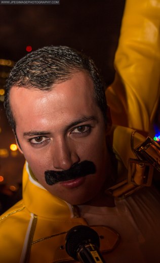 Portrait of a random male dressed as singer Freddy Mercury during the New York City Halloween parade.